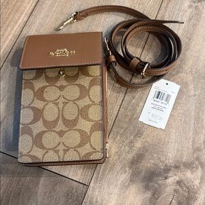 Coach Signature Brown and Tan Phone Crossbody